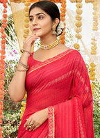 Red Georgette Foil Printed Saree with Unstitched Blouse Piece - Avika | Grocsy