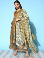 Ahalyaa Women's Brown Colour Cotton Blend Digital Printed Kurta Palazzo Set With Dupatta | Grocsy