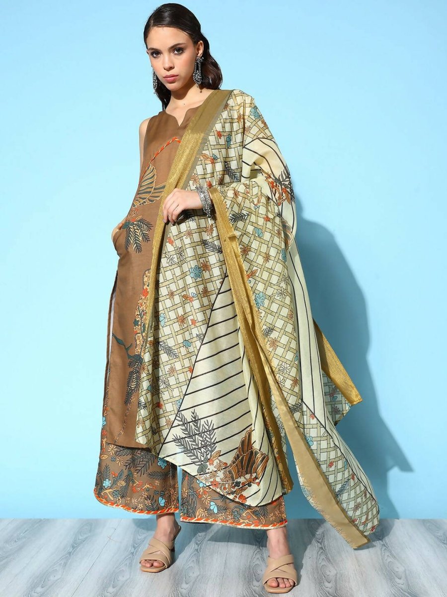Ahalyaa Women's Brown Colour Cotton Blend Digital Printed Kurta Palazzo Set With Dupatta | Grocsy