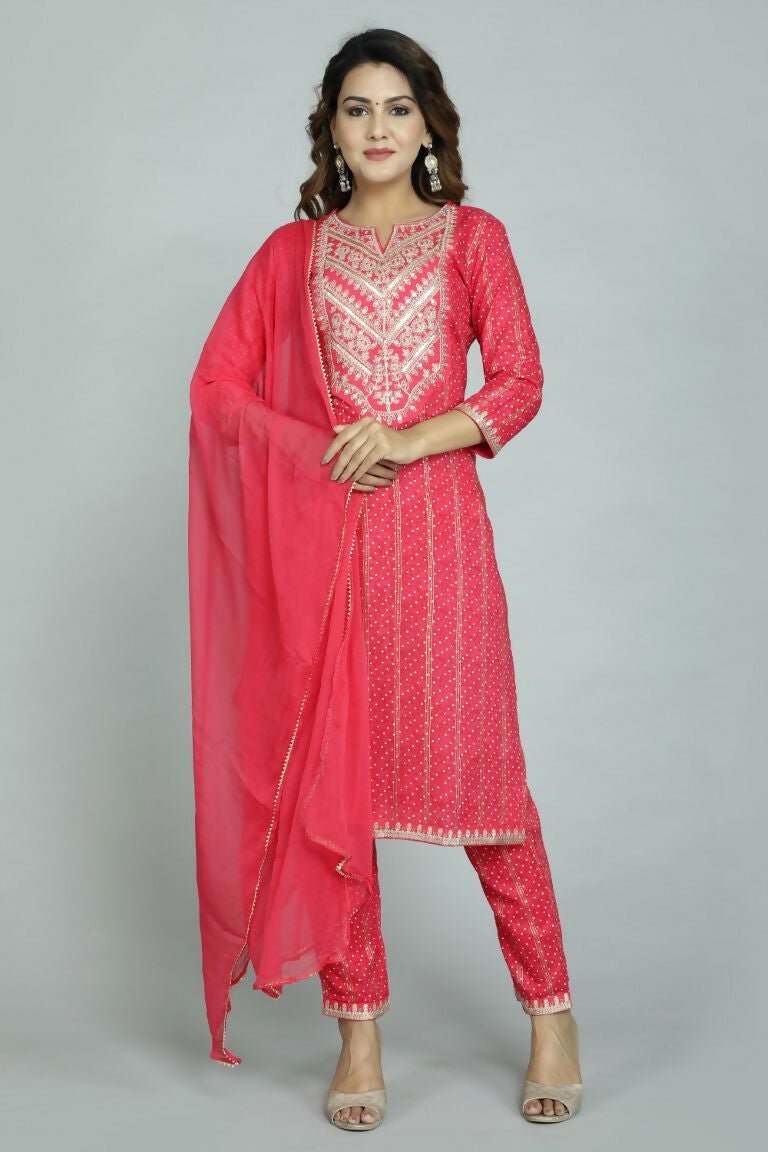 Alvano Beautiful Embroidery Print Straight Kurti with Pant and Dupatta set for Women and Girls Rayon | Grocsy