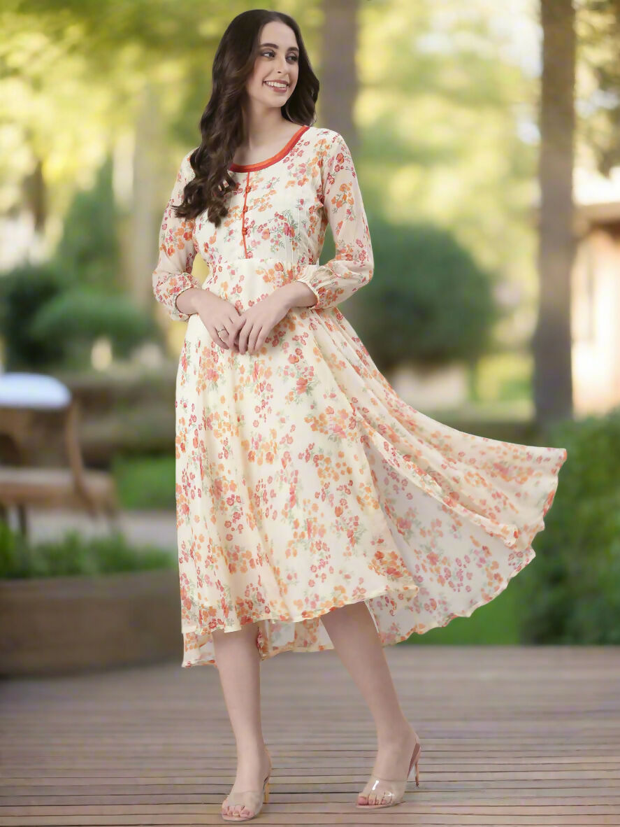 Souchii Cream Floral Printed Fit & Flare Dress | Grocsy
