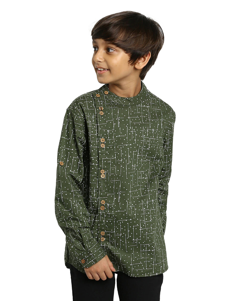 Manet Boys Full Sleeves Dot Printed Ethnic Shirt - Olive Green | Grocsy