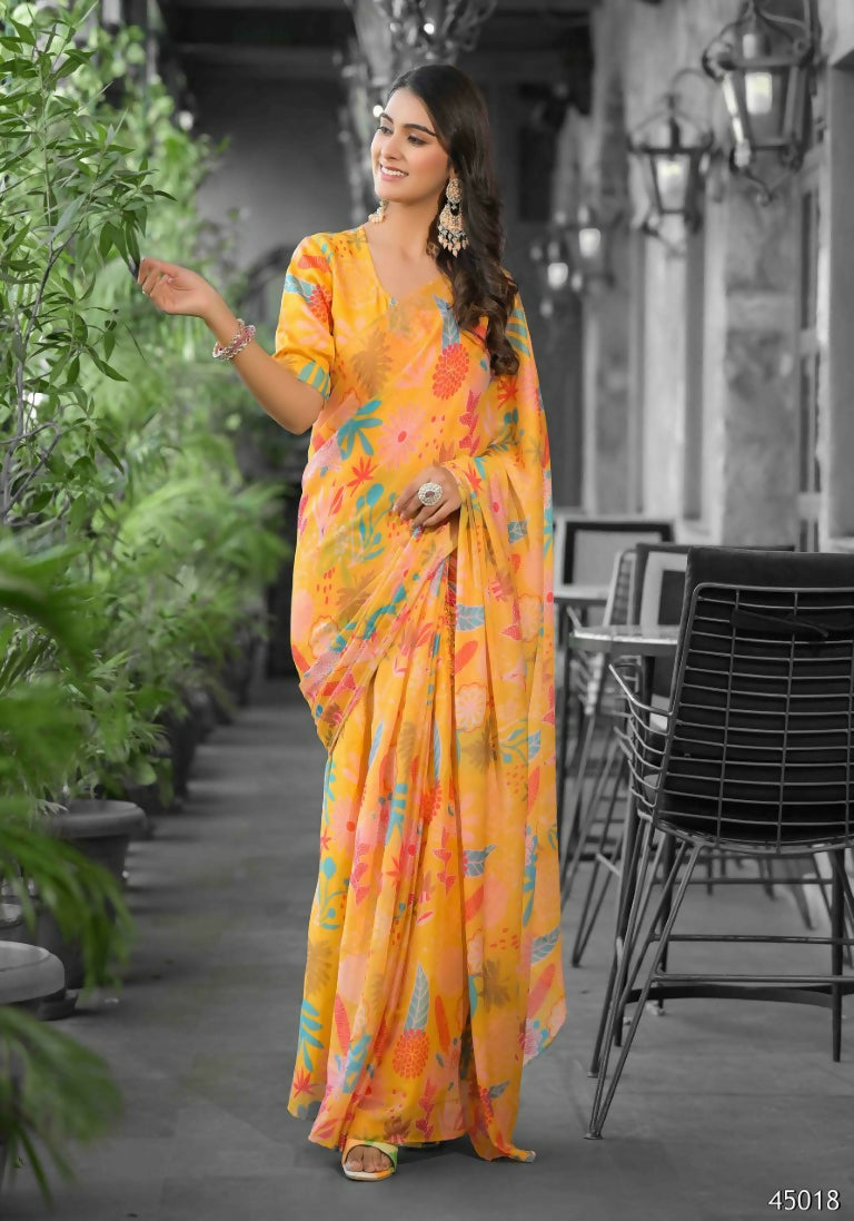 stylish Casual Yellow Imported georgette Ready to Wear Fancy Saree - Ashwini | Grocsy