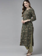 Yufta Women Green and Beige Floral Print Pure Cotton Kurta with Palazzo and Dupatta | Grocsy