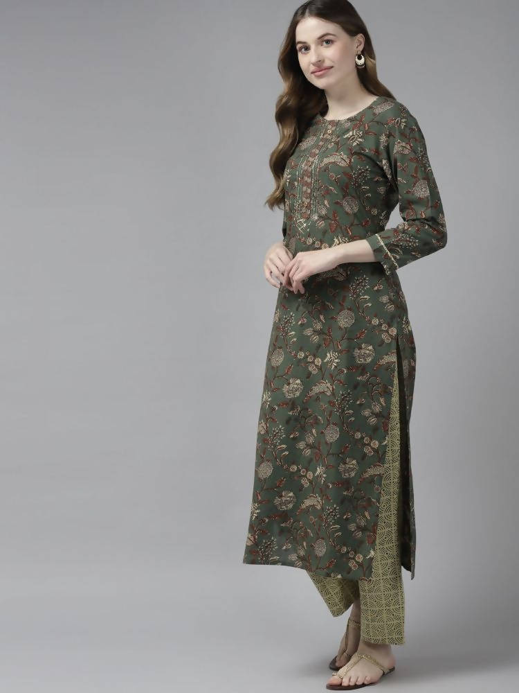 Yufta Women Green and Beige Floral Print Pure Cotton Kurta with Palazzo and Dupatta | Grocsy
