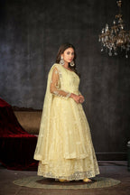 Jyoti Fashion Women's Cream Net Embroidered Anarkali Kurta Pant Set With Dupatta | Grocsy