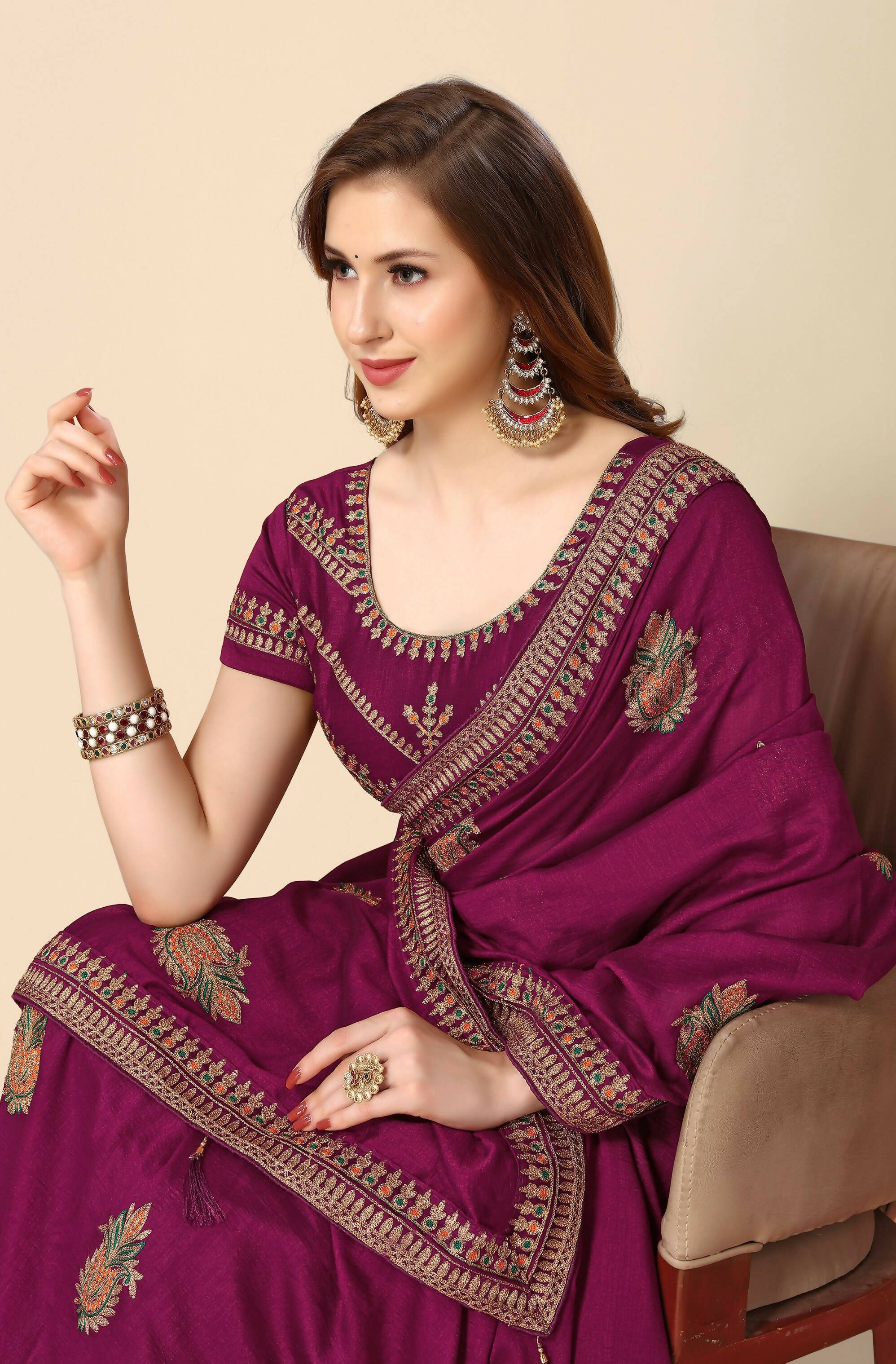 Wine Chinon Embroidered Saree with Unstitched Blouse Piece - Roozal | Grocsy