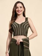 Green Polyester Solid Ready to Wear Saree with stitched Blouse - Nita | Grocsy