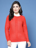 Women Pointelle Rust Acrylic Winter Sweater - Wool Trees | Grocsy