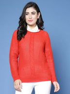 Women Pointelle Rust Acrylic Winter Sweater - Wool Trees | Grocsy