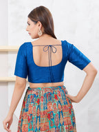 Joban Fashion Fire-Blue Dupion Silk Elbow Sleeveless Front Open Blouse | Grocsy