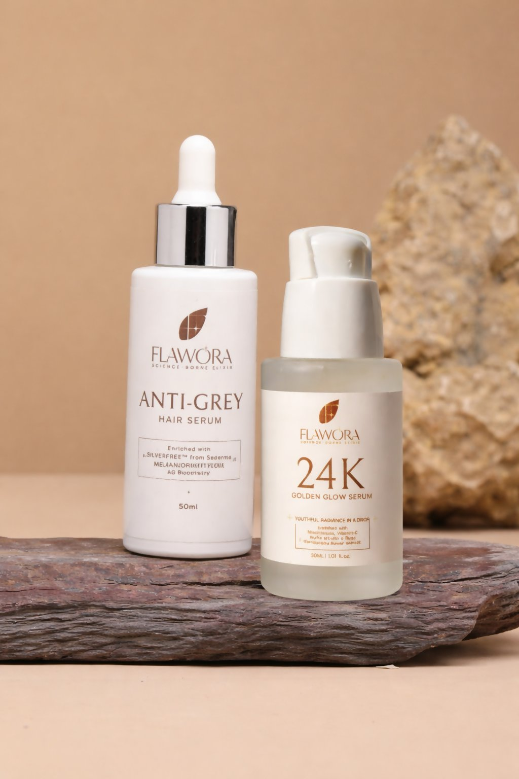 Flawora Set of Anti-Grey Hair Serum and Golden Glow Face Serum | Grocsy