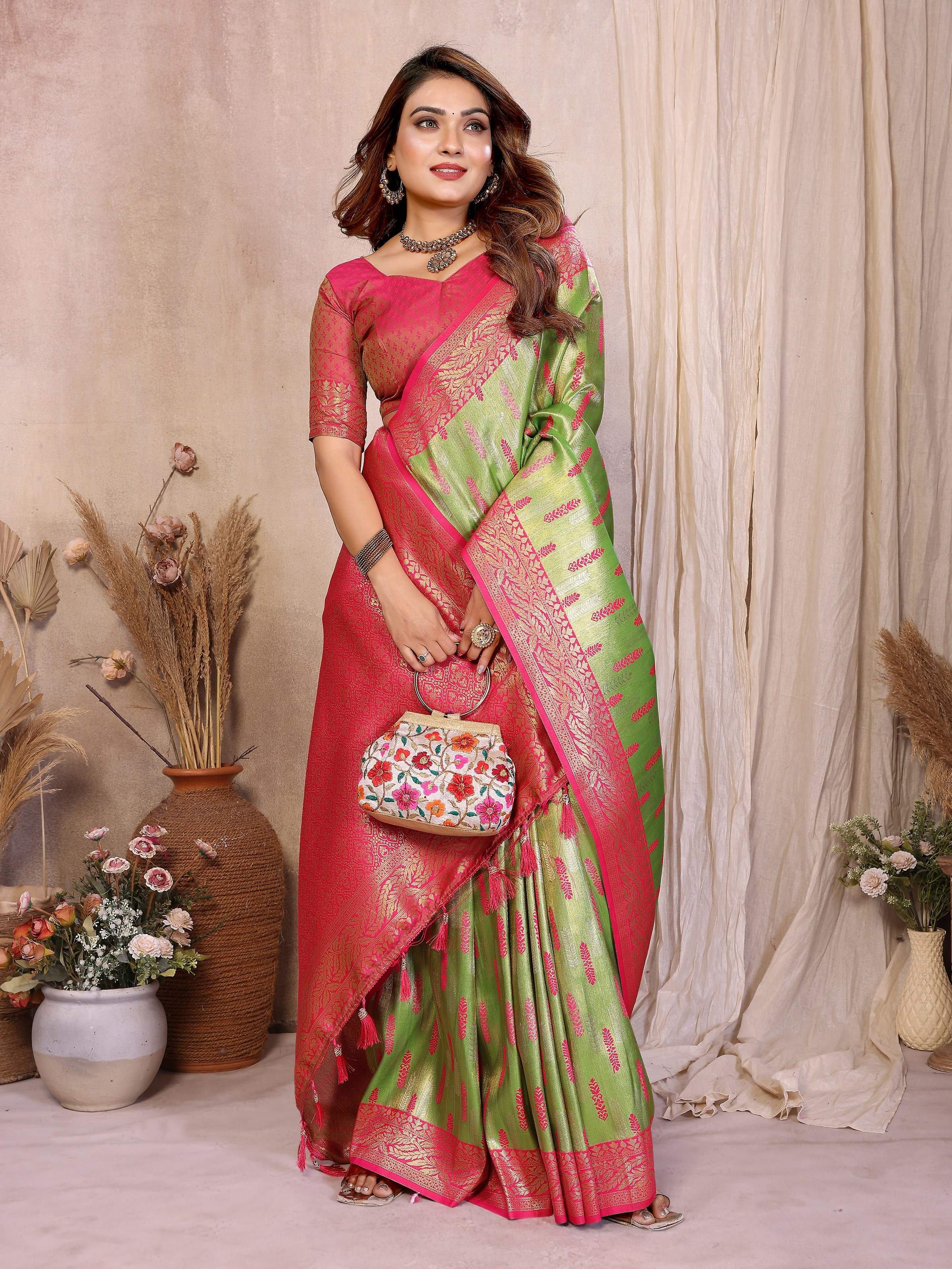 Aastha Fashion Pista Green Tissue Silk Paithani Woven Saree | Grocsy