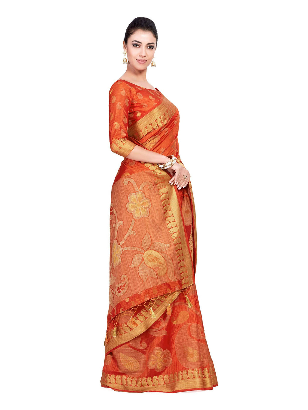 Mimosa Women's Kanchipuram Art Silk Orange Saree | Grocsy