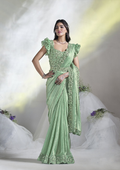 Sea Green Two Tone Satin Silk Designer Ready to wear saree with stithced Blouse - Mohmanthan Aura | Grocsy