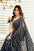 Vastranavya Black Digital Printed Linen Ready To Wear Designer Saree with Unstitched Blouse | Grocsy