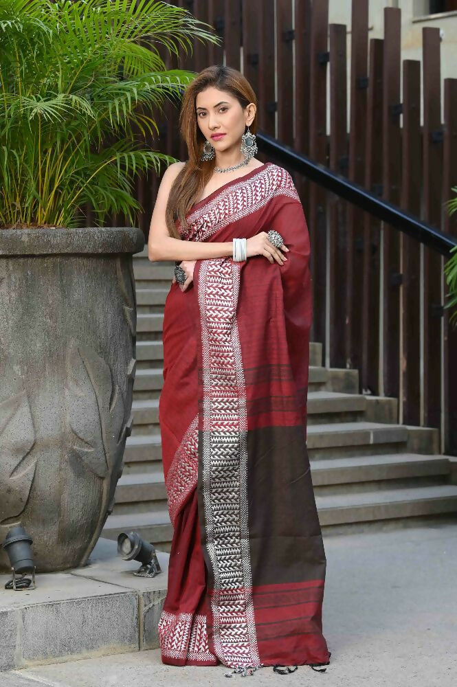 Beatitude Red Cotton Jacqaurd Border Tangail Handloom Saree | Grocsy