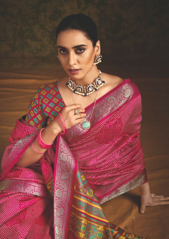 Joban Fashion Pink Velvet Tussar Silk with Foil Print Saree | Grocsy