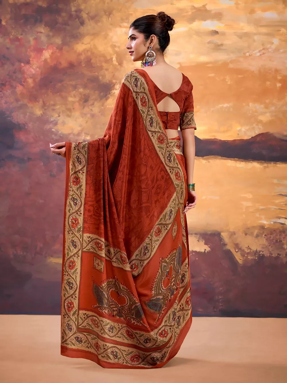 Vastranavya Orange Crepe Printed Saree with Unstitched Blouse | Grocsy