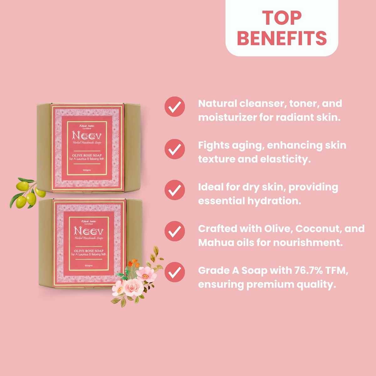 Neev Herbal Mahua Organic Olive Rose Handmade Soap | Grocsy