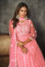Jyoti Fashion Women's Baby Pink Net Embroidered Anarkali Kurta Pant Set With Dupatta | Grocsy