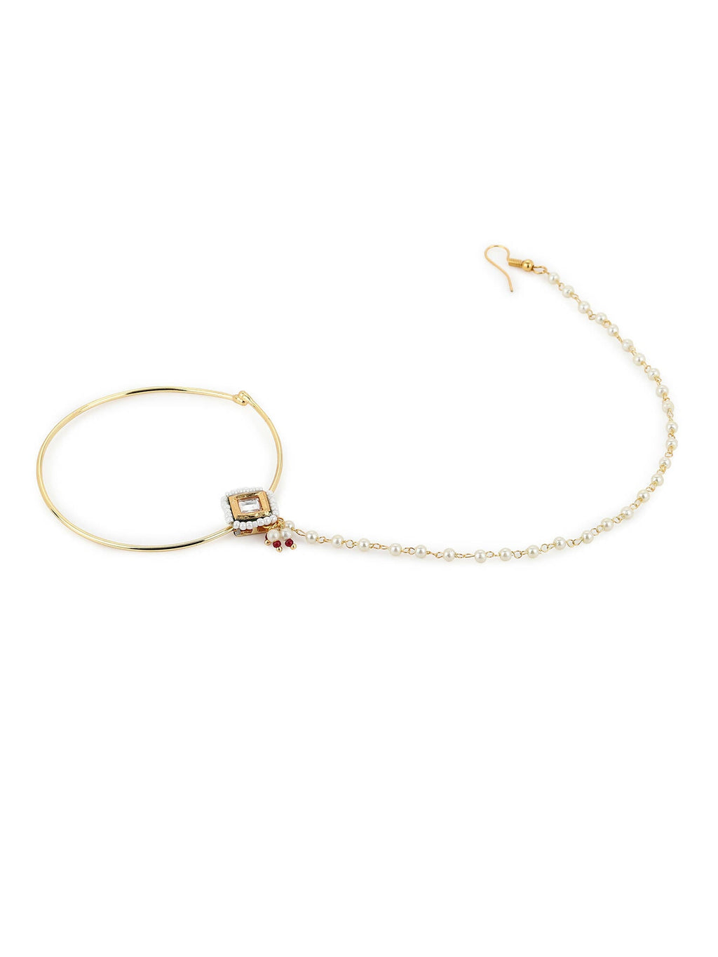 White Gold-Polished Kundan Studded Beaded Nosepin - Ruby Raang | Grocsy