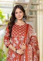 Jaimini Women Cotton Printed Round Neck 3/4 Sleeves Calf Length Flared Kurta Pant And Dupatta Set | Grocsy