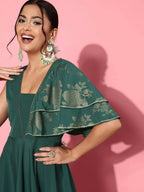 Ahalyaa Gorgeous Green Ethnic Motifs Ruffled Dress | Grocsy