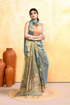 Piyari Fashion Women's Copper Turquoise Dual Tone Organic Tissue Saree With Blouse Piece | Grocsy