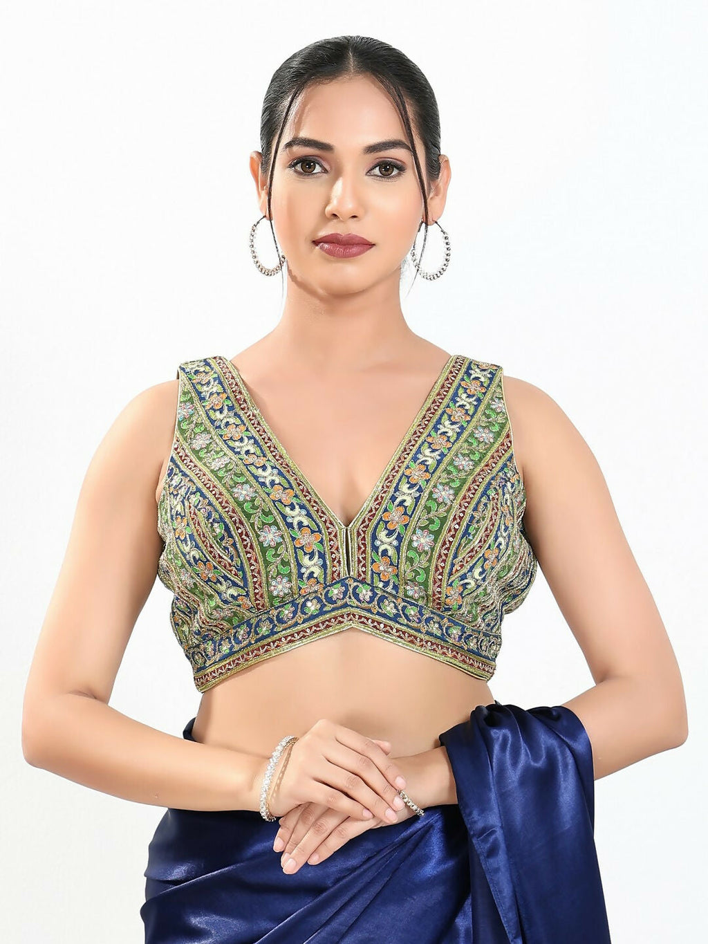 Joban Fashion Green Multi Georgette Padded Blouse With V Neck Sleeveless | Grocsy