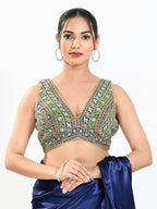 Joban Fashion Green Multi Georgette Padded Blouse With V Neck Sleeveless | Grocsy