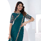 Teal Pure Crepe Silk Dual Sequence With Hand Work Saree With Unstitched Blouse - Norita Swaraa | Grocsy