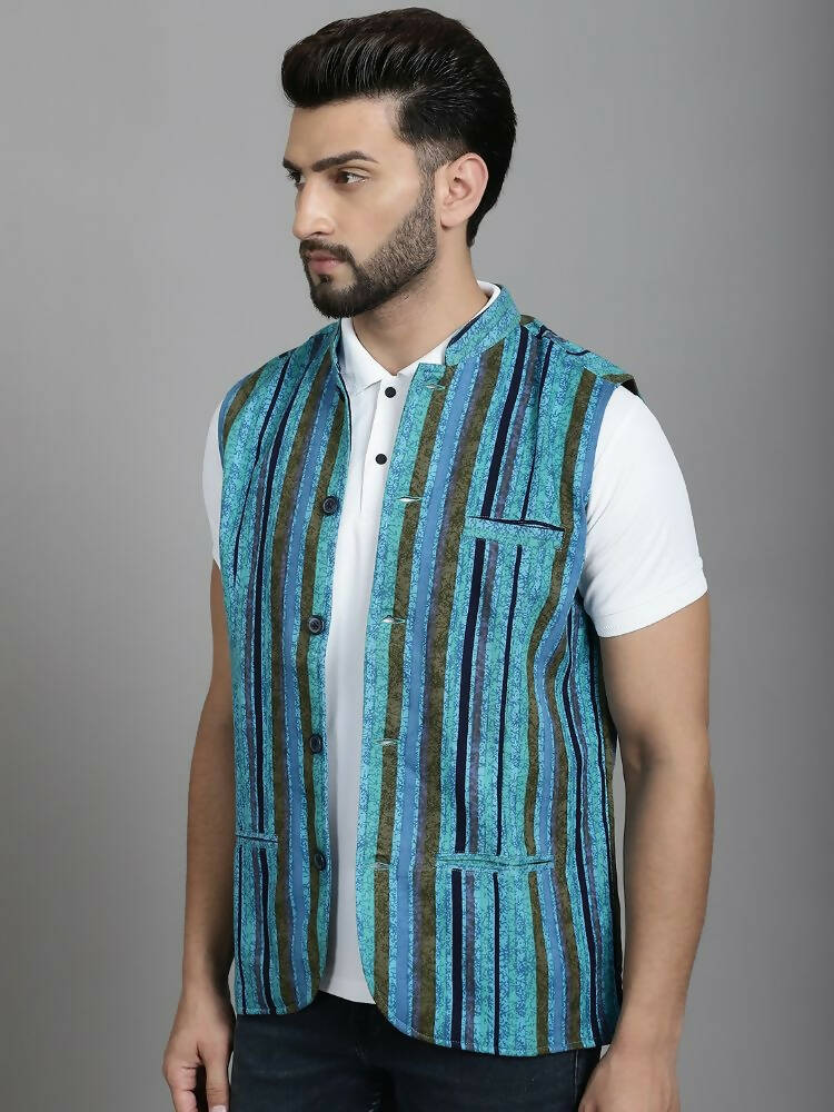 Even Apparels Nehru Jacket With Welt Pockets - Blue | Grocsy