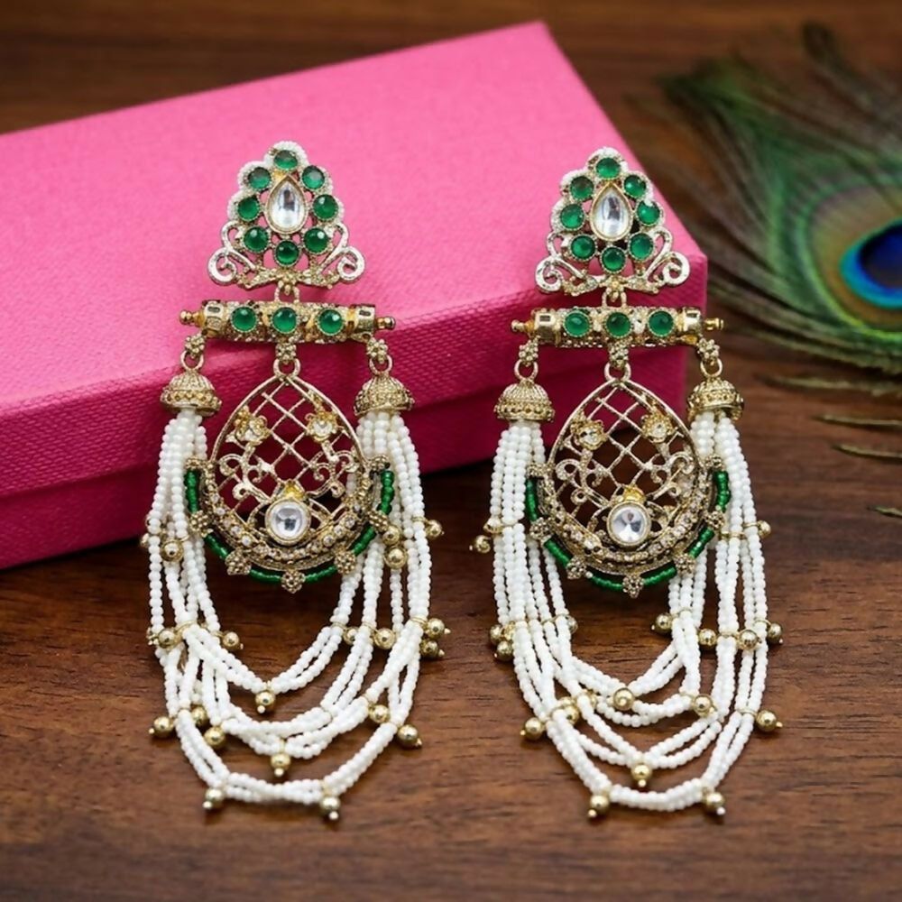 Jewel City Elegant Kundan & Green Emerald Pearl Drop Jhumka Earrings – Traditional Handcrafted Ethnic Jewelry | Grocsy