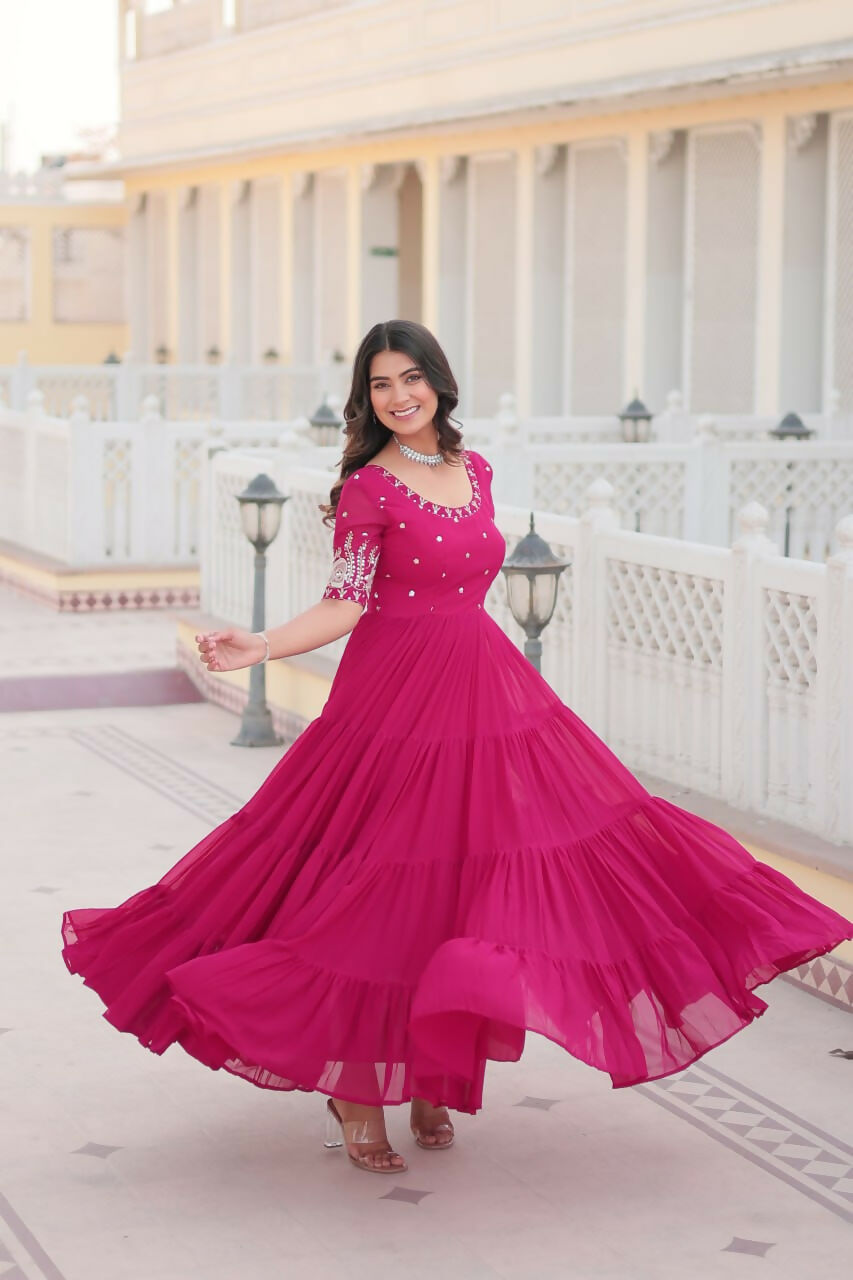Vastranavya Premium Designer Faux Blooming with Embroidery Zari Sequins work Gown - Pink | Grocsy