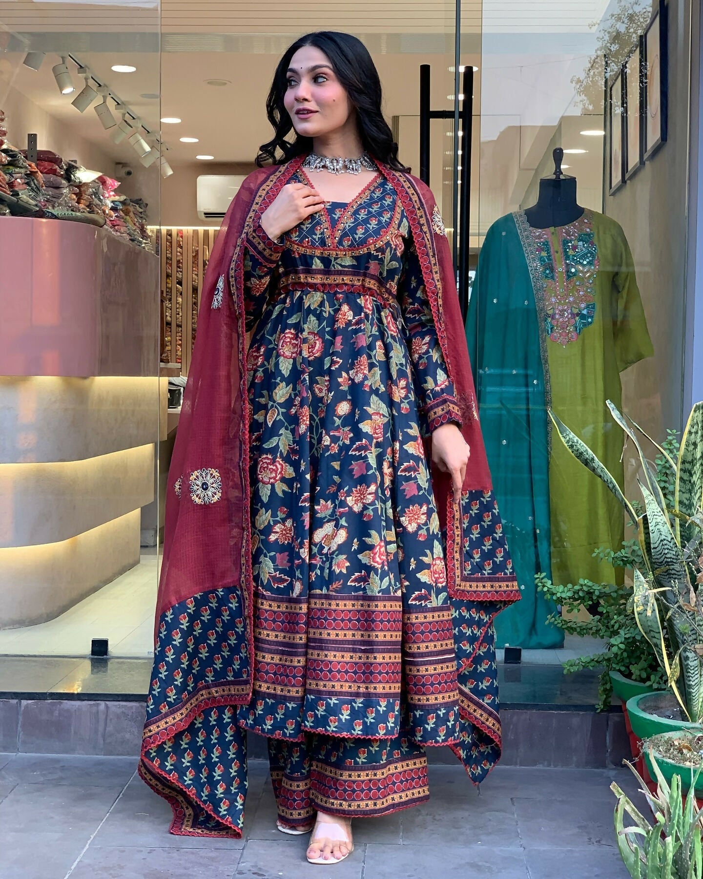 The52 Women's Beautiful Cotton Fabric Printed Work Flared Kurta Palazzo and Dupatta Set | Grocsy