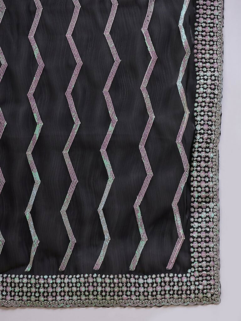Black Tissue Slub Embroidered Saree with Unstitched Blouse - Vairagi | Grocsy