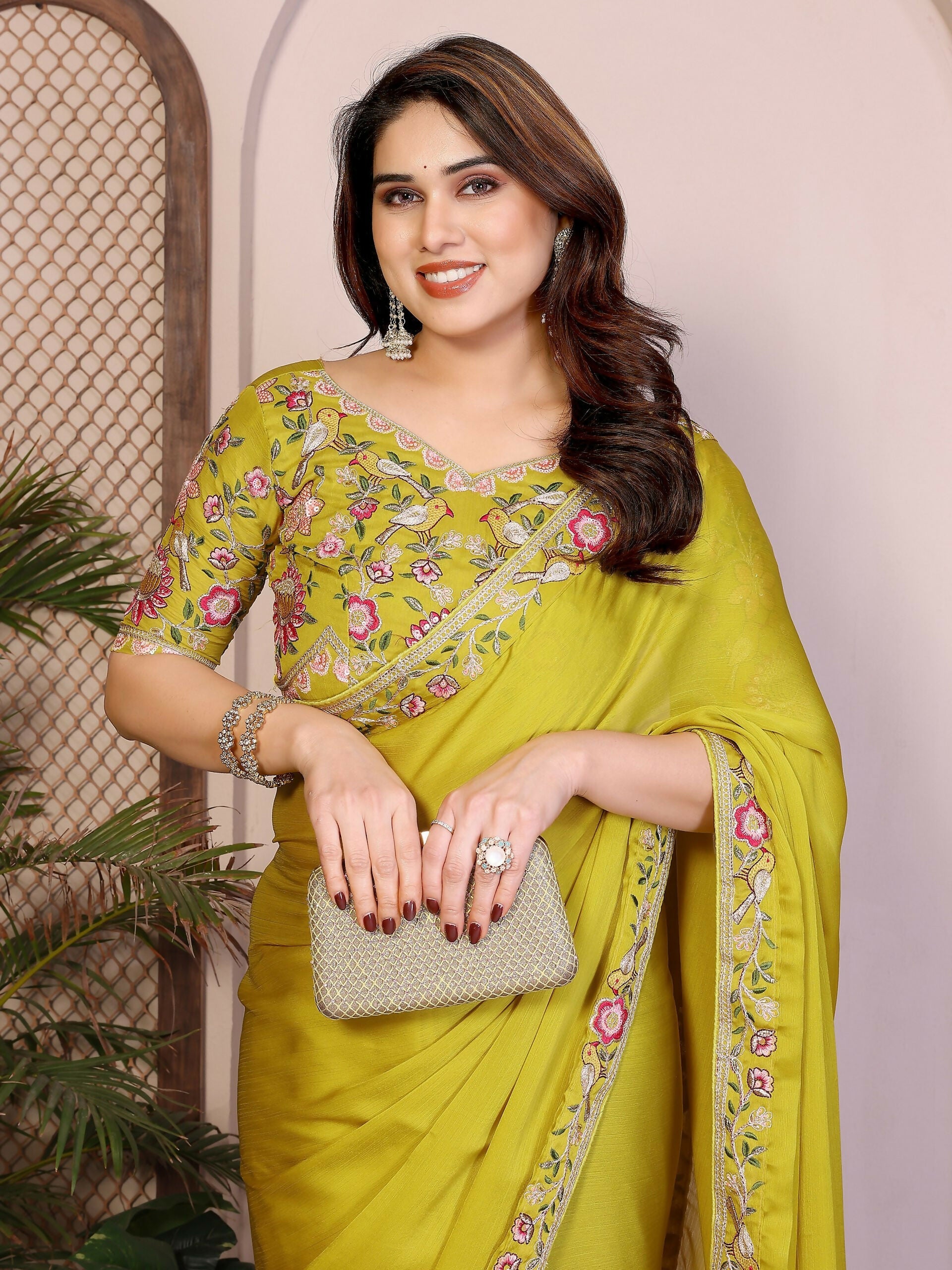 Teeya Creation New Trendy Party Wear Soft Satin Chiffon Saree-Yellow | Grocsy