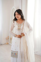 Lehenga Mart Designer Sharara Suit With Kurta, Sharara, Dupatta For Women-Off White | Grocsy