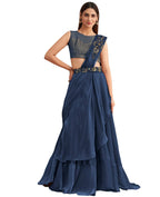 Navy Blue Satin Embroidered Ready To Wear Saree With Unstitched Blouse Piece - Nandika | Grocsy