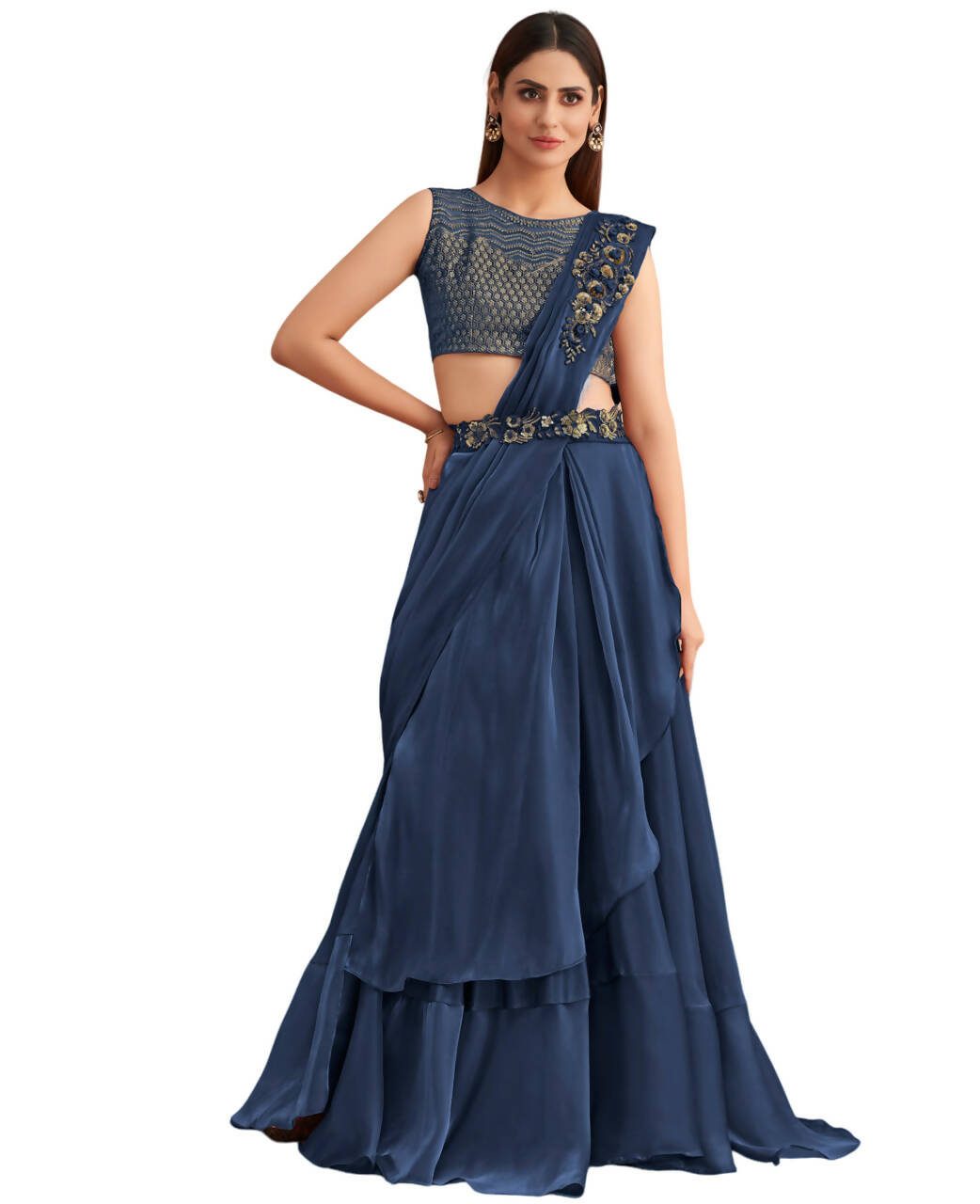 Navy Blue Satin Embroidered Ready To Wear Saree With Unstitched Blouse Piece - Nandika | Grocsy