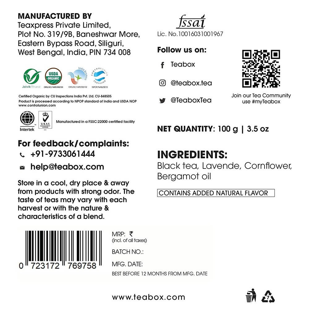 Teabox Lavender Earl Grey Black Tea Loose Leaves | Grocsy