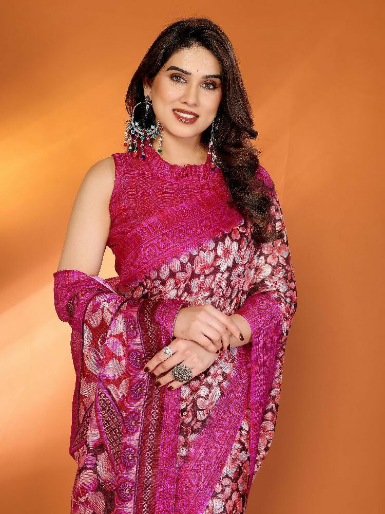PR Fashion Pink Kota Doria Printed Saree | Grocsy