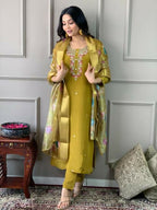 The52 Mustard Gorgeous Embroidered Viscose Chanderi Fabric Straight Kurta Pant with Dupatta Set | Grocsy