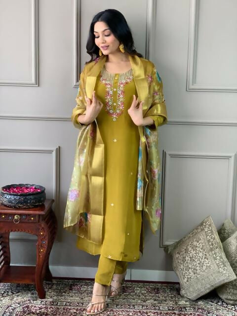 The52 Mustard Gorgeous Embroidered Viscose Chanderi Fabric Straight Kurta Pant with Dupatta Set | Grocsy