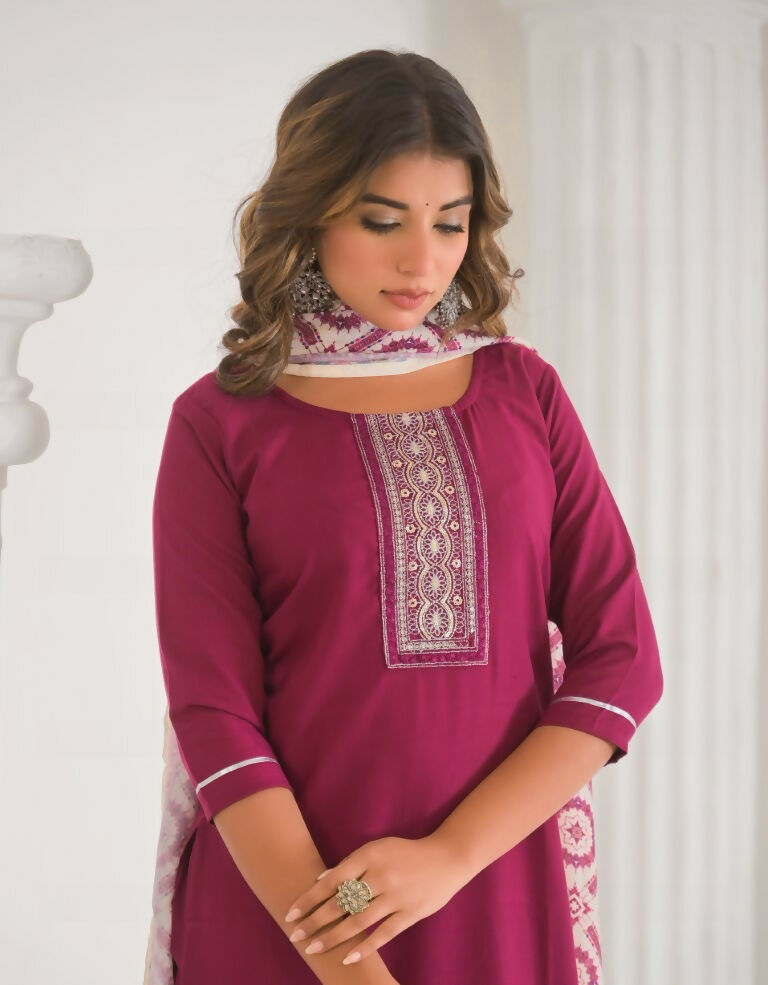 Festive Ethnic Viscose Chanderi Maroon Stitched Suit With Dupatta - Rashmika | Grocsy
