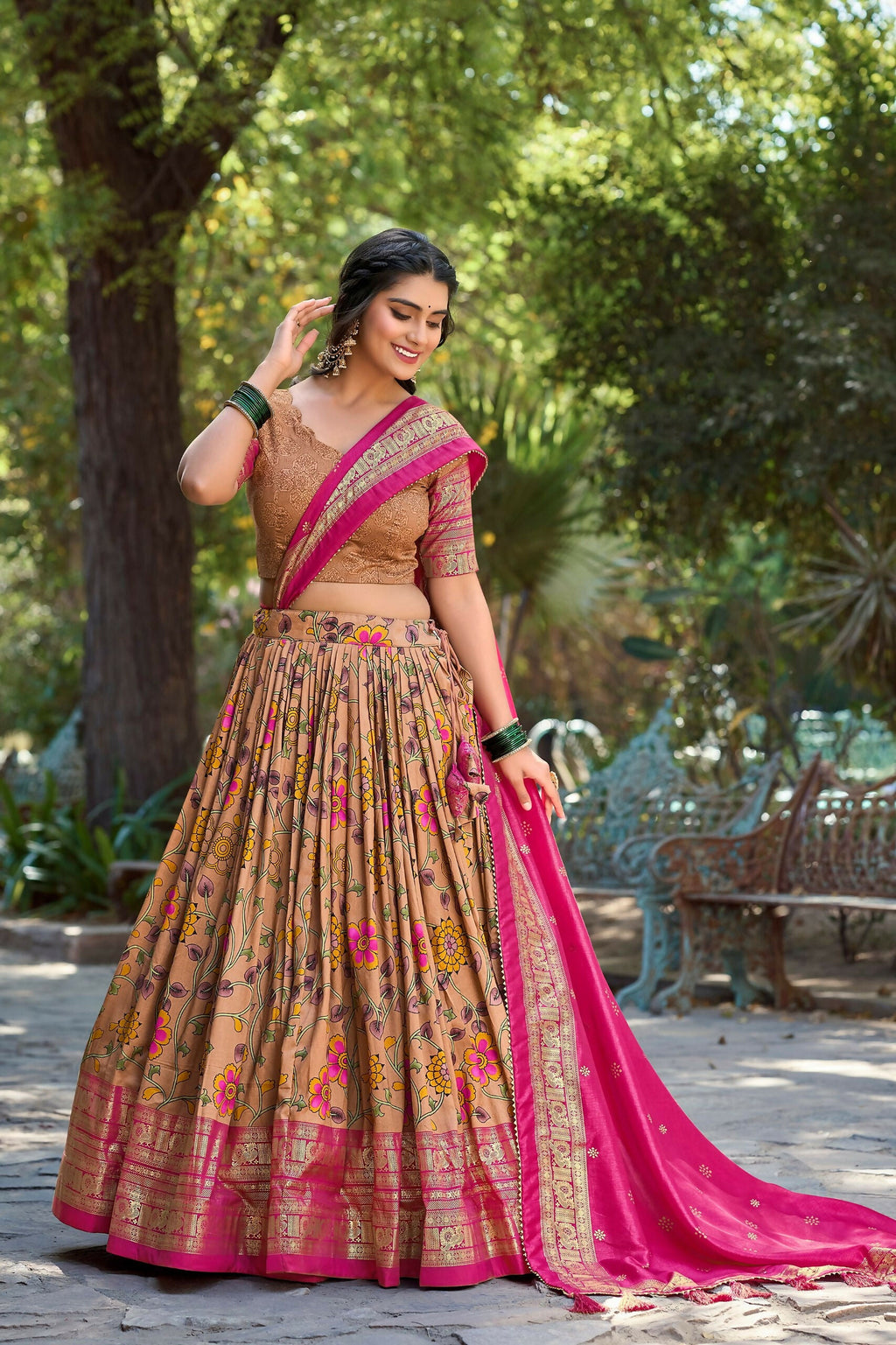 Vastranavya Kalamkari Print With Foil Print Lehenga with Unstitched Printed Blouse - Mustard | Grocsy