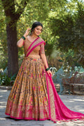 Vastranavya Kalamkari Print With Foil Print Lehenga with Unstitched Printed Blouse - Mustard | Grocsy