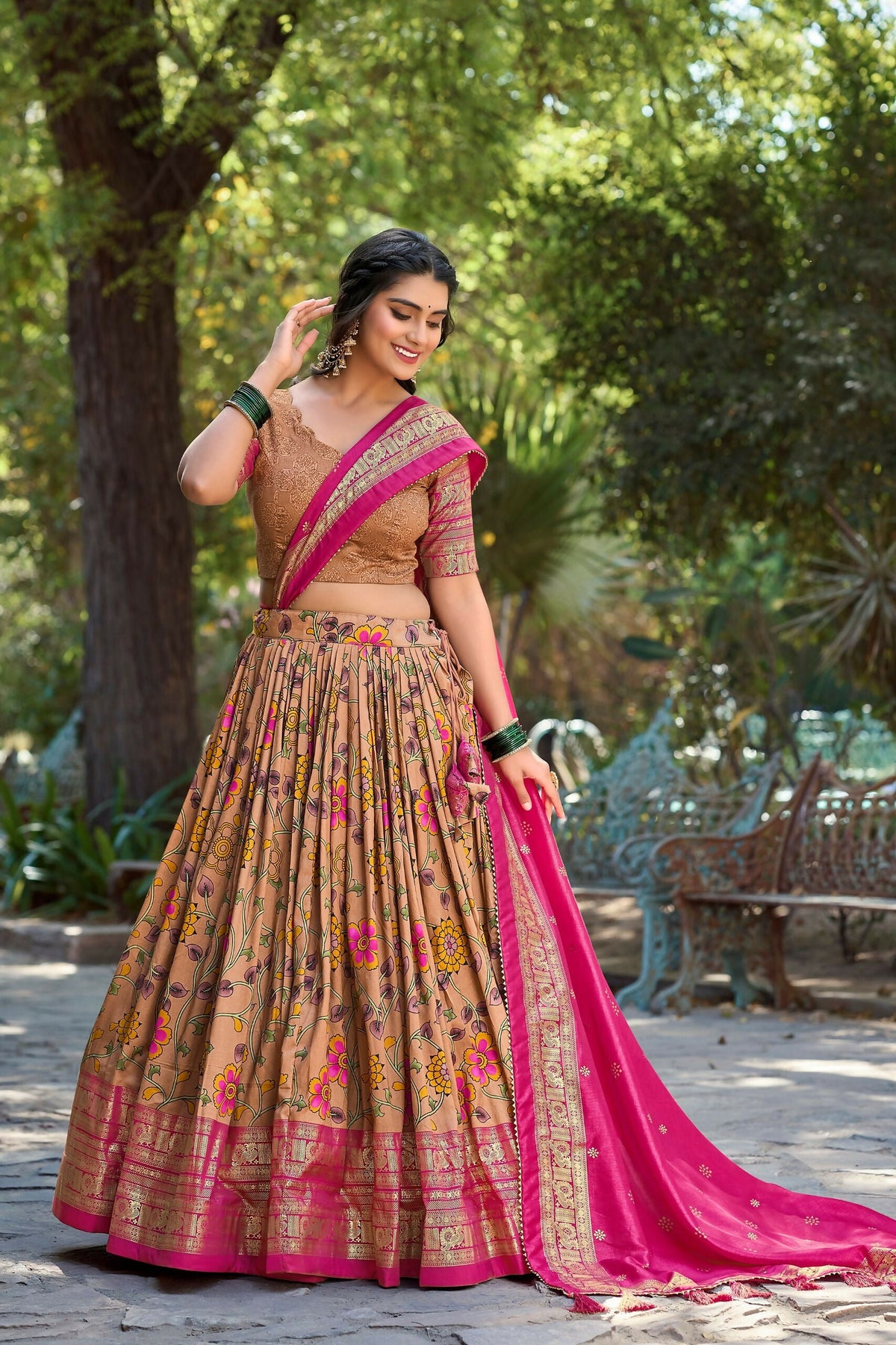 Vastranavya Kalamkari Print With Foil Print Lehenga with Unstitched Printed Blouse - Mustard | Grocsy