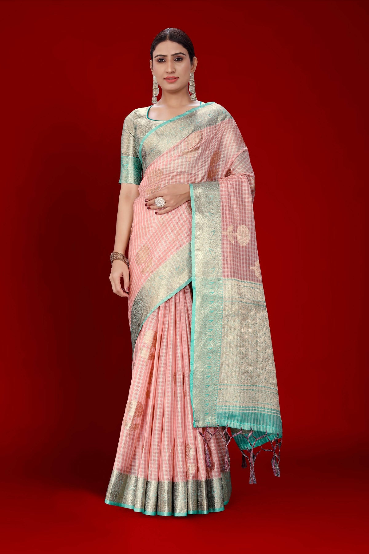 Pink Soft Organza Woven Design Saree With Unstitched Blouse Piece - Zaara | Grocsy
